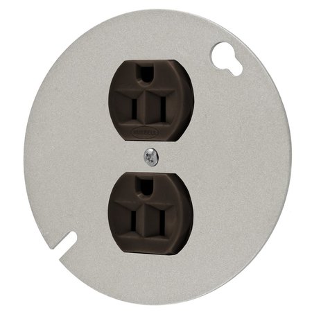 HUBBELL WIRING DEVICE-KELLEMS Straight Blade Devices, Receptacles, Duplex, Industrial Grade, 2-Pole 3-Wire Grounding, 15A 125V, 5-15R, Brown, Single Pack, Mounted to 4" Round Cover HBL5253